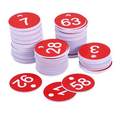 100 x Runde 1-100 Nummernschild Schlüsselanhänger Acryl Graviertes rotes ID-Tag