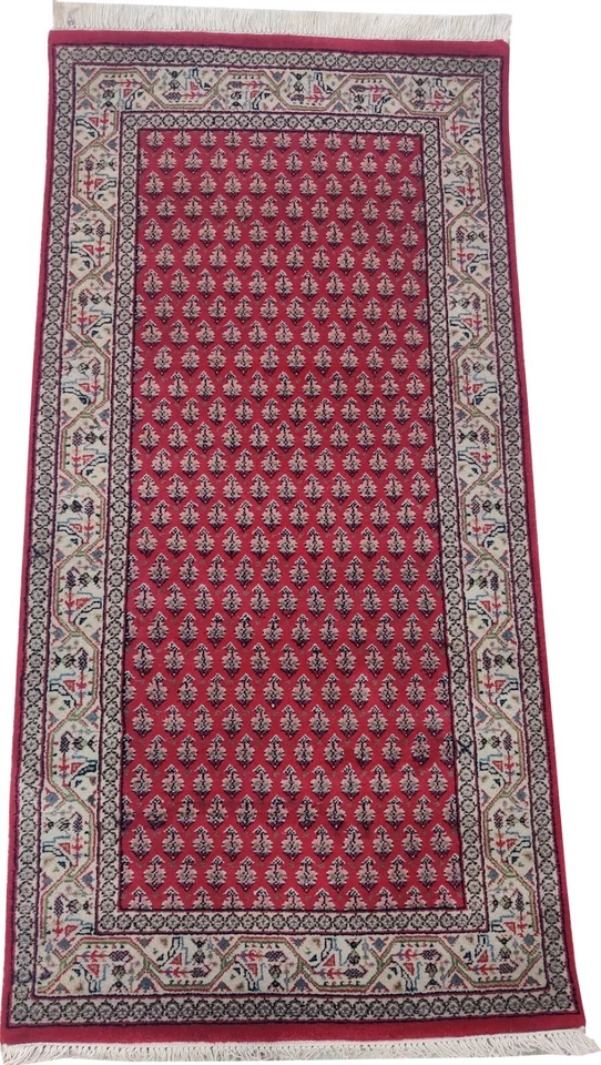 Alfombras hechas a mano vintage 100 % lana anudadas a mano 2'4" x 4'7" Mir rojo cachemir 70x140 Foto 3 de 4