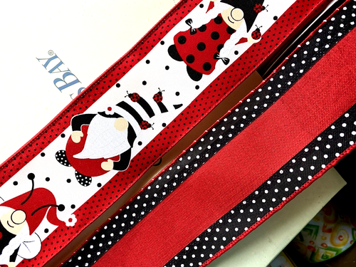 Gnome Lady Bug Wired Ribbon Bundle 2.5” by 5 yd 2 each =10 yds Red Black Dot - Picture 4 of 4