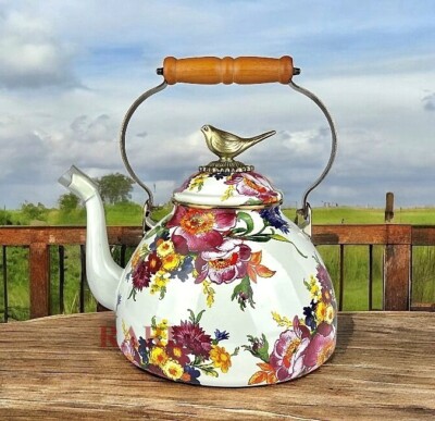 MacKenzie-Childs White Flower Market Tea Kettle With Bird 3 qt. New No Box
