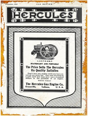 1915 Hercules Gas Engine Co. New Metal Sign: Evansville Large Size - 12 x 16