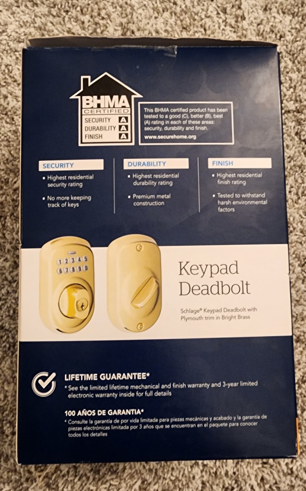 SCHLAGE Keypad Deadbolt in Brass finish. Brand New (open box