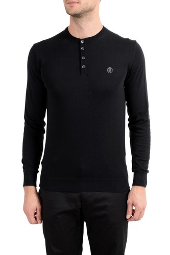 Roberto Cavalli Men's Cashmere Black Henley Sweater Large