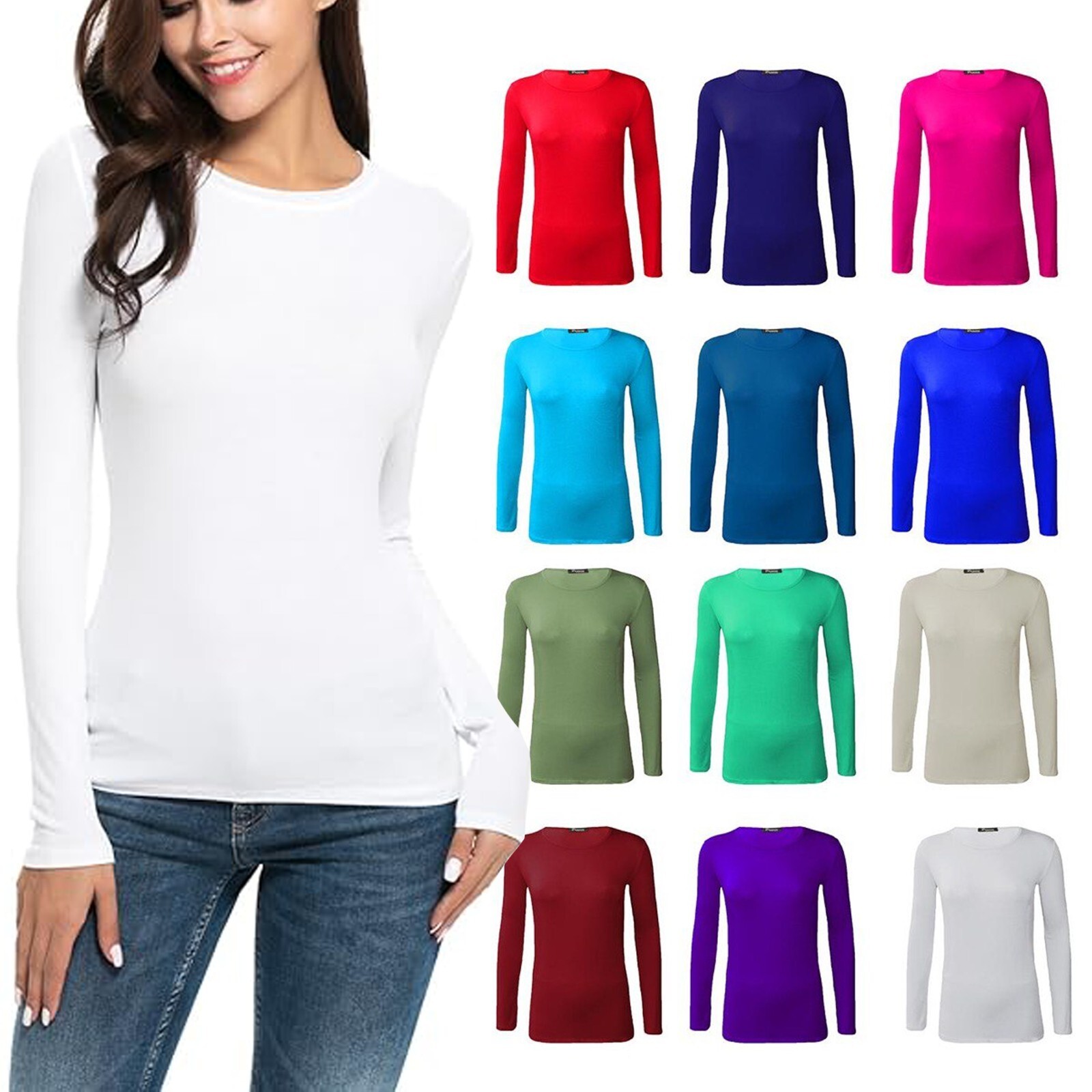 Women Slim Fit Crew Neck / Scoop Neck Long Sleeve Stretchy Plain T Shirts Top