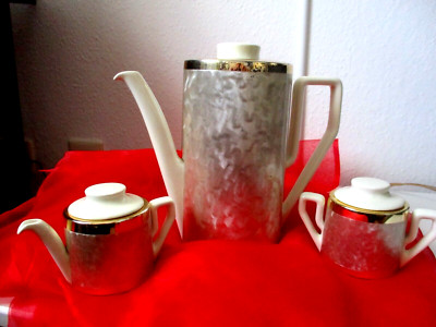Waku Kaffeekanne-Milchkännchen-Zuckerdose mit Thermohaube 60er Perlmutt-Optik