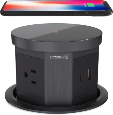 Automatic Pop Up Outlet, 4.33 inch  with 15W Wireless Charger 3AC Plug  USB Gray
