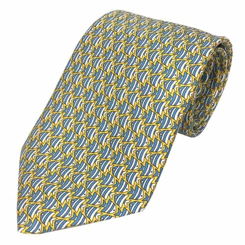 HERMES silk tie fine fish pattern mens Light blue yellow tie sword width 9cm box