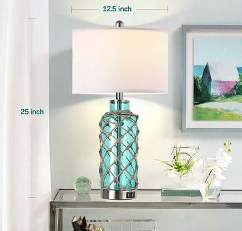 Set of 2 Cottage Nautical Accent Table Lamp Touch Control Blue Green Glass 2 USB - Picture 5 of 9