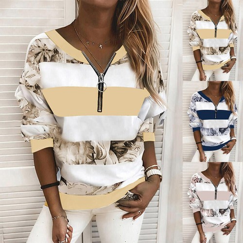 UK Womens Zipper Striped Blouse Ladies Casual V Neck Long Sleeve Sweater Tops - Bild 3 von 15