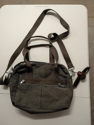 Kipling Brown Nylon Crossbody Satchel, Zip Closure, Monkey Charm, Pockets