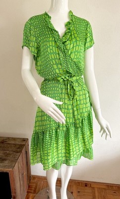 Moschino Wrap Mini Dress Green Pop Scale Print Silk Satin Slip Size IT 46 L