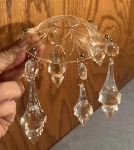 Vintage Clear Glass Round Chandelier Collar Lamp Part w/six 2-part Prisms