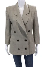 JML Womens Plaid Double Breasted Blazer Beige Navy Blue Wool Size 6