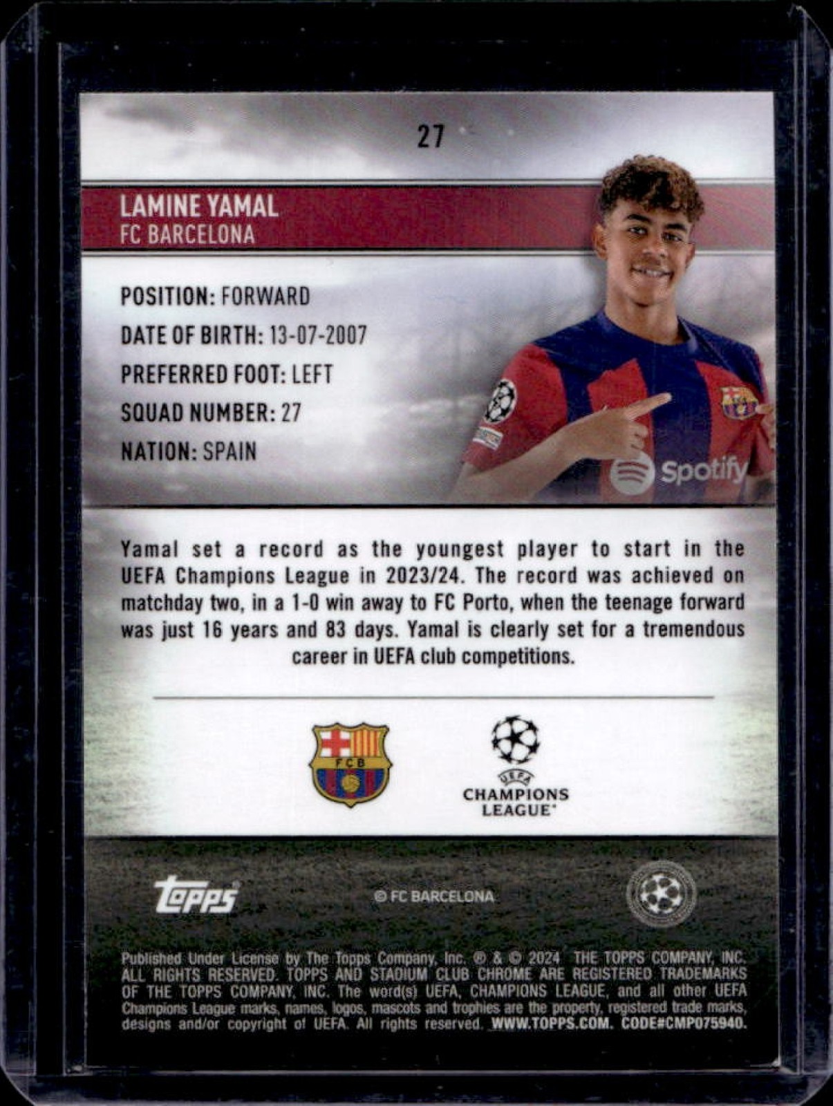 2023-24 Topps Stadium Club Chrome UEFA Lamine Yamal RC Rookie #27 Barcelona view 2