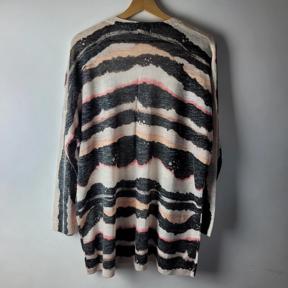 M&S Women Size L Black Ivory Pink Stripe Long Line Open Cardigan Casual Smart - Image 2 of 4