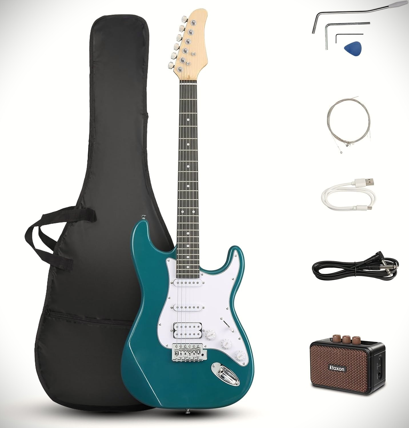 Teal Guitar and Amp Starter Package Full-Size, All-in-One Guitar Kit HSS Pickups