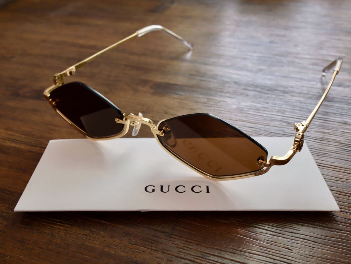 Gucci GG1604S 002 53mm Geometric Sunglasses in Gold/Brown Lens | eBay