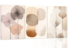 3pcs Neutral Beige Wall Art Abstract Botanical Canvas Prints Modern Simple Fl...