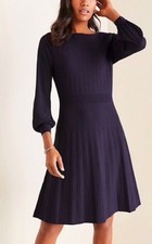 Ann Taylor Navy Stretch Long Sleeve Pleated Fit & Flare Sweater Knit Dress Sz SP