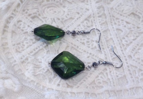 Silver Tone Green Beads Drop Earrings - Picture 3 of 6
