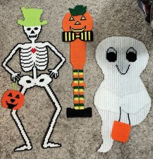 3 Vtg Halloween Completed Finished Hanging Plastic Canvas Skeleton Ghost Pumpkin