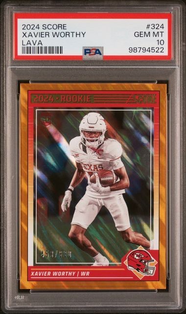 2024 Panini Score Card #324 Xavier Worthy Rookie Lava /630 Graded PSA 10
