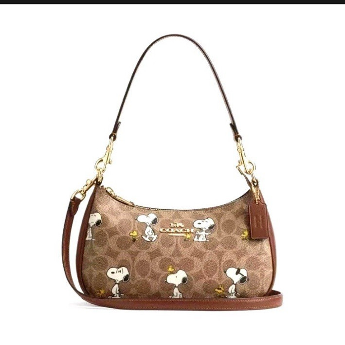 Coach Peanuts Snoopy Woodstock Brown Signature Shoulder Bag Zip Gold Strap