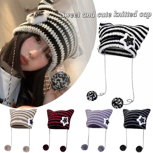 Cat Ears Beanie Cuff Plain Knit Hat Autumn Winter Cap Slouchy Skull Star Dec ☊ - Picture 4 of 29