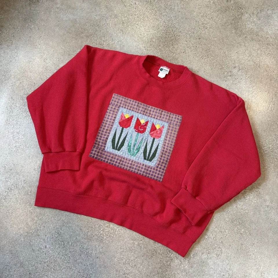 Vintage 90s Quilted Tulip Crewneck Sweatshirt 2XL Red Floral Cute Retro Boho - Image 2 of 4