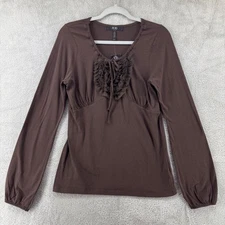 Y2K BCBG Paris Top Womens L Brown Coffee Key Hole Babydoll Puffy V-Neck Stretch