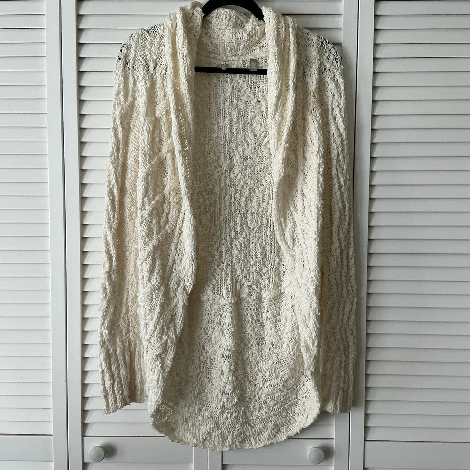 Knitted & Knotted Anthropologie Women Sz M Cream Chunky Knit Cardigan Cozy Boho - Image 3 of 4
