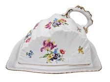 Porcelain Covered Butter Dish Floral Gold Gilt Trim Handle Cheese Plate