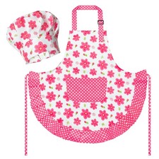 Kid Apron and Chef Hat Set 2Pcs Adjustable Children Pink Flower Kitchen Todd...