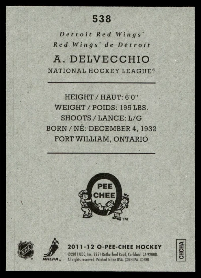 2011-12 O-Pee-Chee Retro Alex Delvecchio Detroit Red Wings #538 - Image 2 of 2