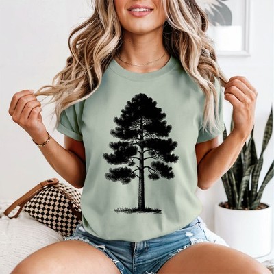 Pine Tree Silhouette Nature Damen T-Shirt Forest Graphic