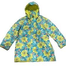 Hanna Andersson Kids Flower Print Hooded Jacket Size 140 Quilted Lime Interior O