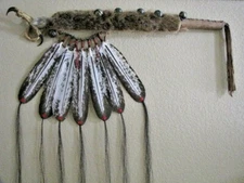 Indian 31" Dance Stick Faux Eagle Claw Mink Fur Leather Feathers Beads Bells