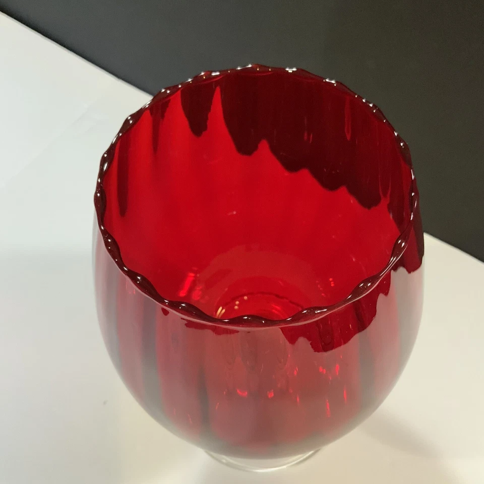 Empoli Vase Ruby Red Brandy Snifter Clear Stem Scalloped Top Vintage Glass - Image 2 of 4