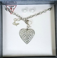 NEW GUESS SET SILVER CHAIN NECKLACE WITH PAVE HEART CHARM+WHITE PEARL EARRINGS