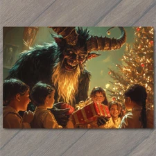 POSTCARD Krampus Christmas Scene Children Presents Creepy Festive Nostalgic Gift