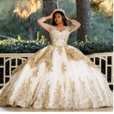 Glitter Quinceanera Dress Ball Gown Gold Applique Long Sleeve Sweet 15 16 Dress