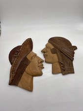 Vintage Pair Of Carved Wooden Native Ethnic Wall Plaques 14  