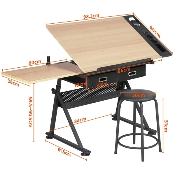 Art Craft Desk Drafting Table with 2 Drawers and Stool Height/ Tiltable Tabletop - Image 3 of 4