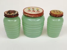 Vintage Fire King Anchor Hocking Tulip Lid Salt & Pepper Shakers And Grease Jar