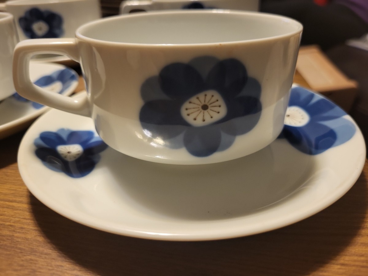 Set of 6 vintage MCM Indigo Moon Cup & Saucer Sets Blue Flower