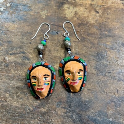 Vintage Native Tribal Mask Hand Painted Ceramic Earrings Sterling Silver Hooks