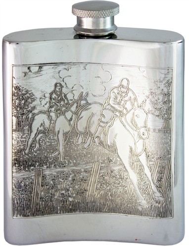 Pewter Hip Flask Hunting Foxes Picture Scene Kidney Engravable 6oz Screw Top - Picture 4 of 5