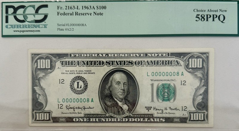 Serial #8 1963A $100 San Francisco Note.Tough Year, S#, Grade, District & Denom!