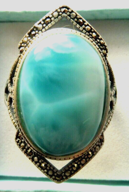 Bague en Larimar Véritable Grande Pierre Argent Massif Réglable 52-59