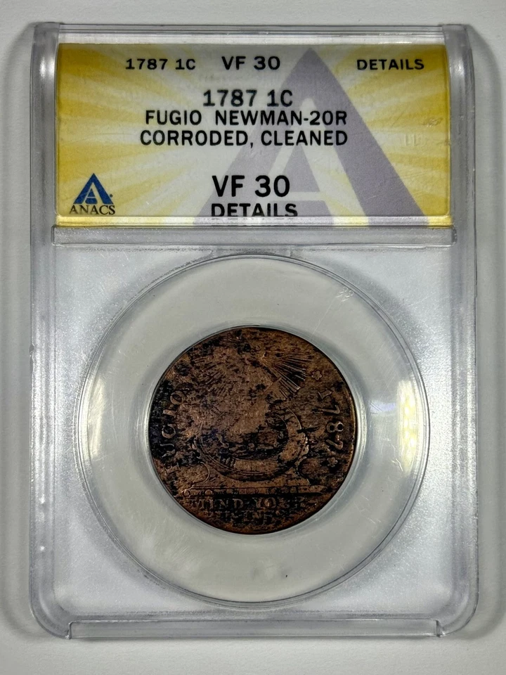1787 Fugio Cent Colonial Copper Coin 1c - ANACS VF30 Details 20-R Rarity-6 - Image 3 of 4